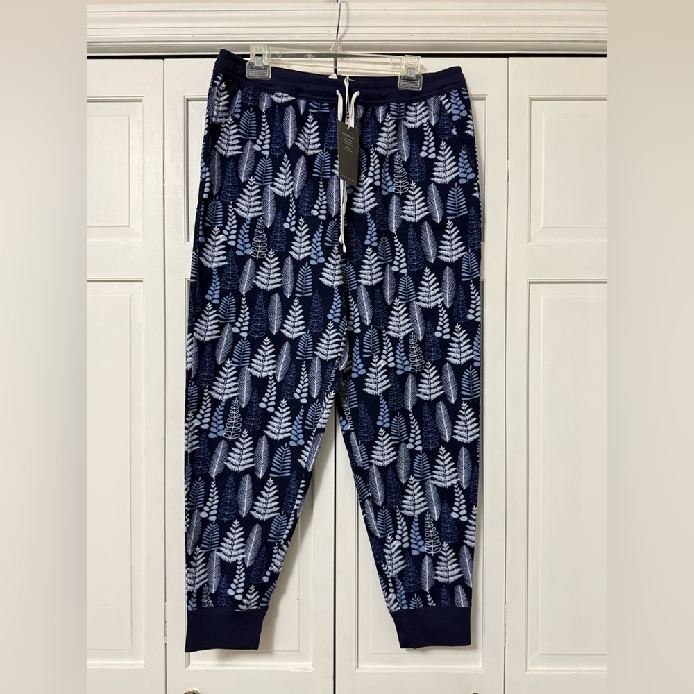 NWT Garnet Hill Blue Fern Flannel Jogger Pajama Pants Organic Pima Cotton Medium